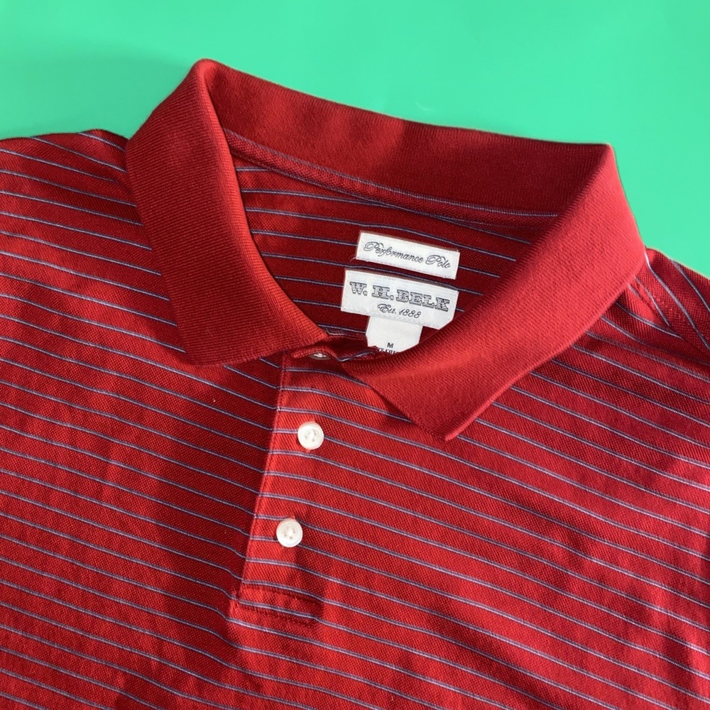 W. H. Belk‎ Men's Medium Red Strip Short Sleeve Casual Polo Shirt.